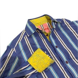 Robert Graham Blue Stripped Long Sleeve Embroidered Flip Cuff Button Up